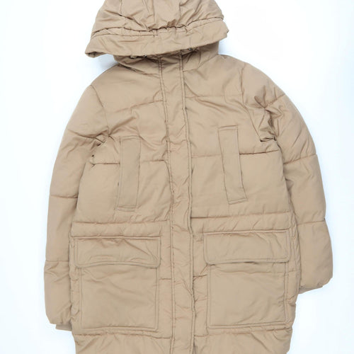 H&M Women Beige XS Long Puffer Coat Hooded Winter Warm Jacket