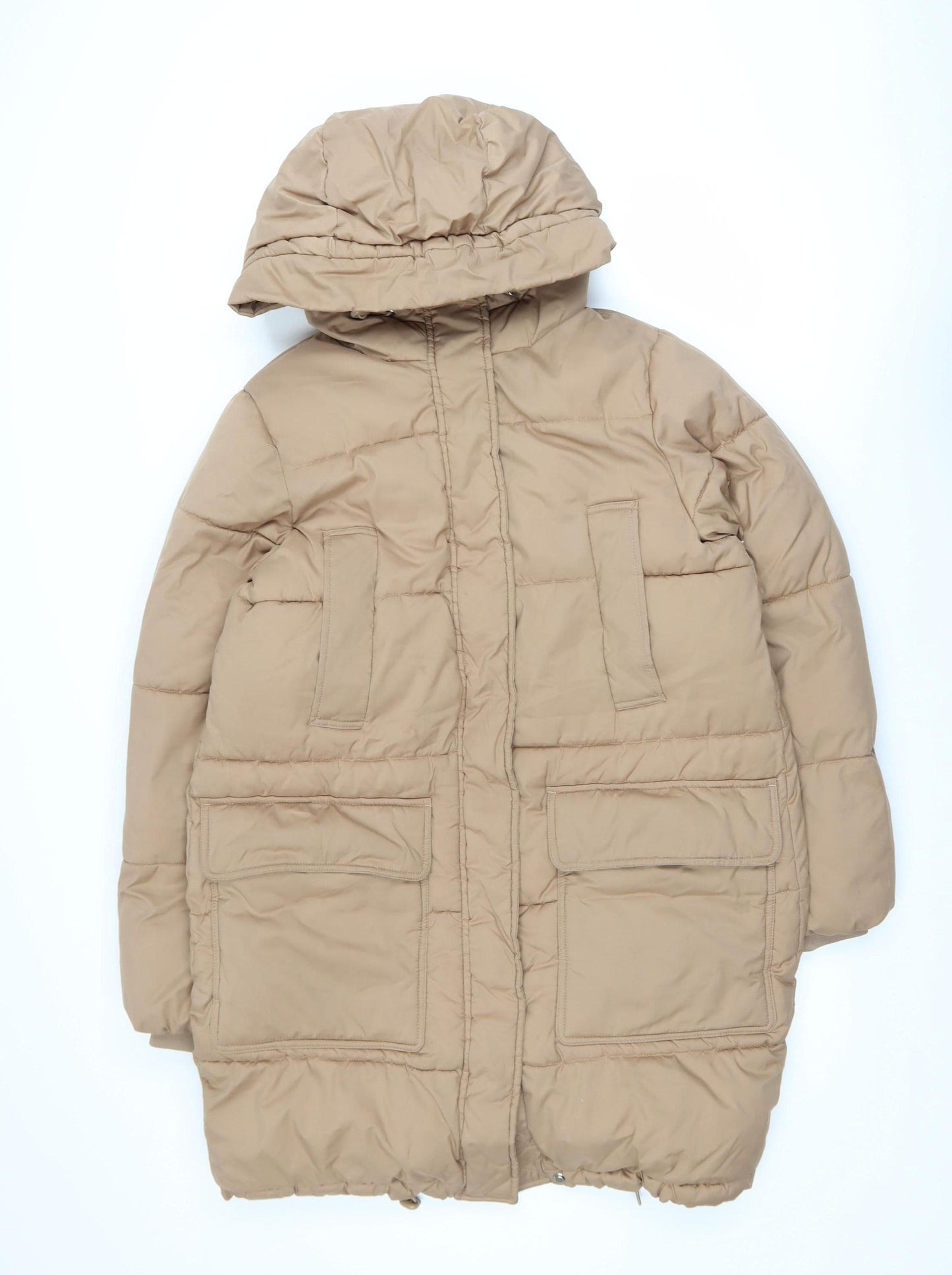 H&M Women Beige XS Long Puffer Coat Hooded Winter Warm Jacket