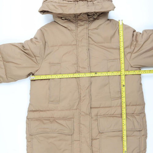 H&M Women Beige XS Long Puffer Coat Hooded Winter Warm Jacket