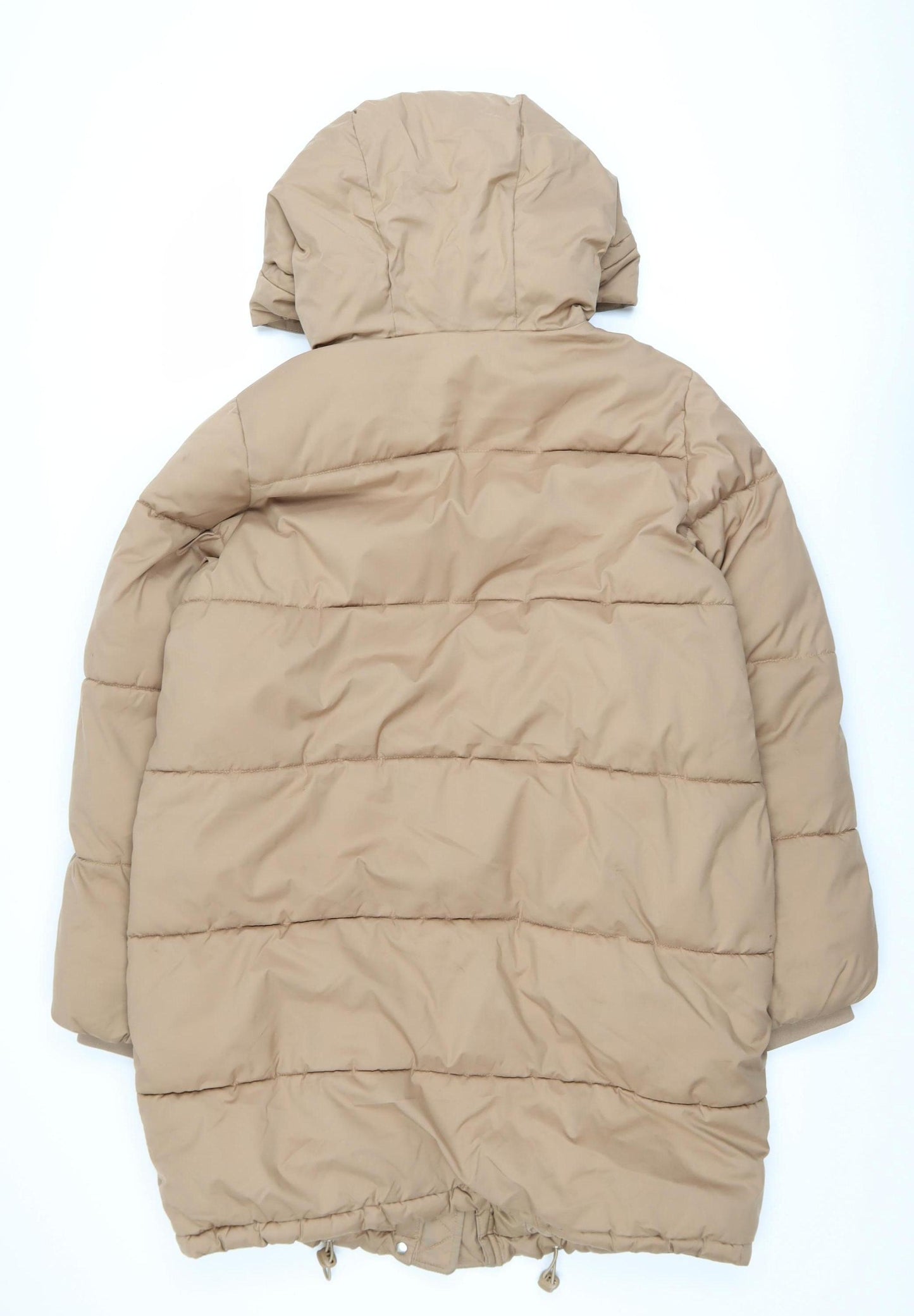 H&M Women Beige XS Long Puffer Coat Hooded Winter Warm Jacket