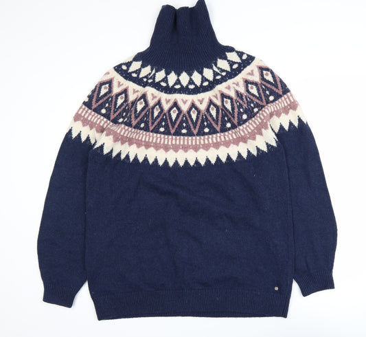 Fat Face Men’s Blue Fair Isle Roll Neck Wool Blend Jumper L