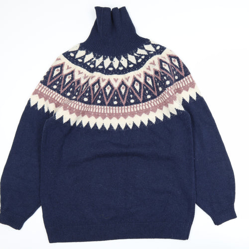 Fat Face Men’s Blue Fair Isle Roll Neck Wool Blend Jumper L