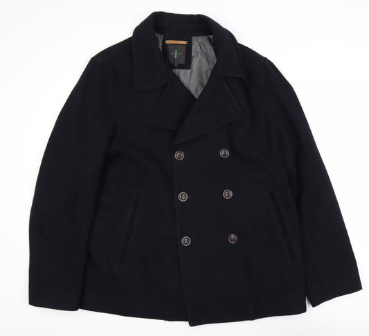 Jasper Conran Men's Black Wool Blend Pea Coat Size L Winter Jacket