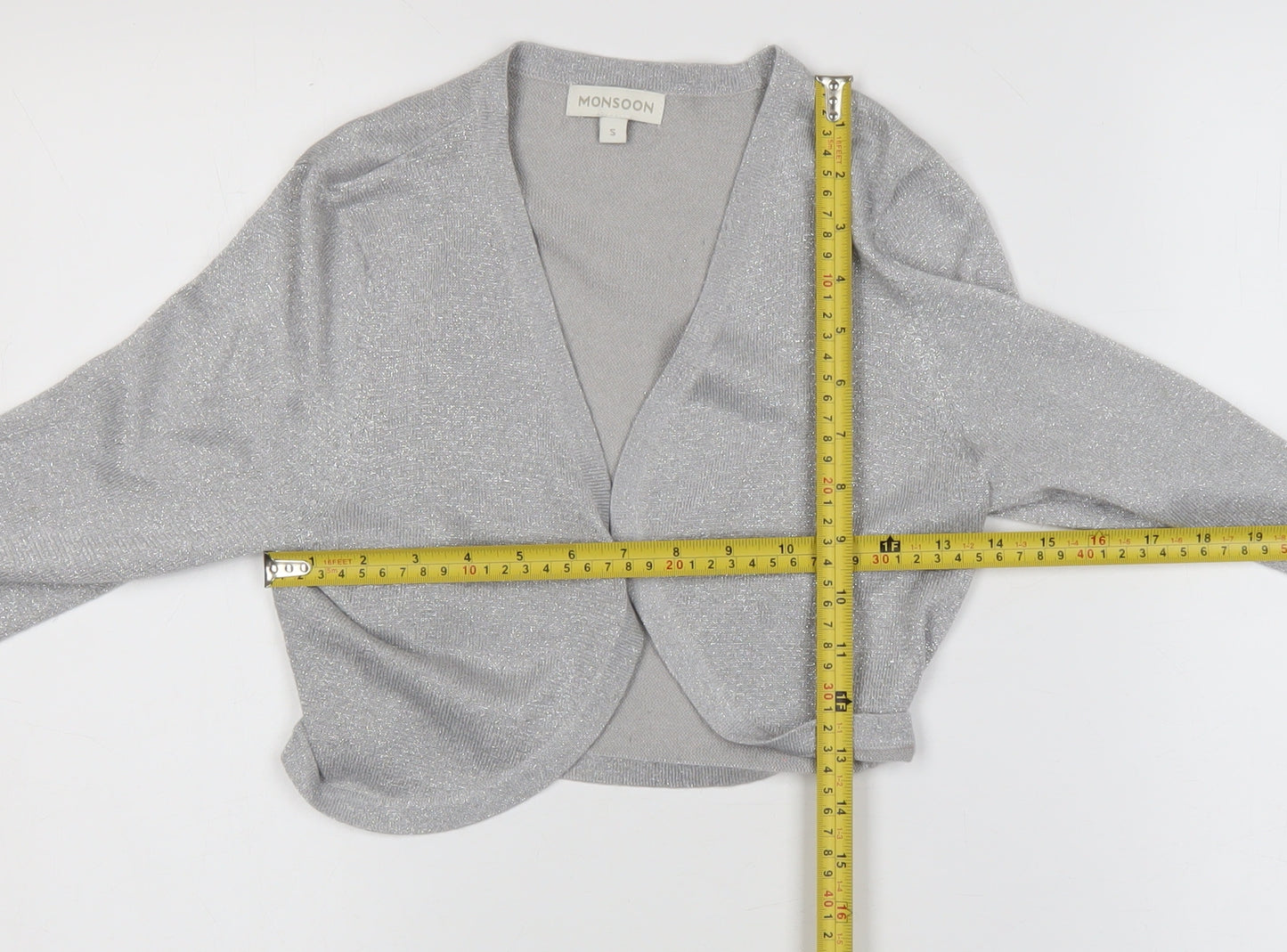 Monsoon Women's Silver Knit Cardigan S V-Neck Glitter Party Style