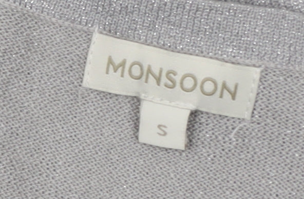 Monsoon Women's Silver Knit Cardigan S V-Neck Glitter Party Style