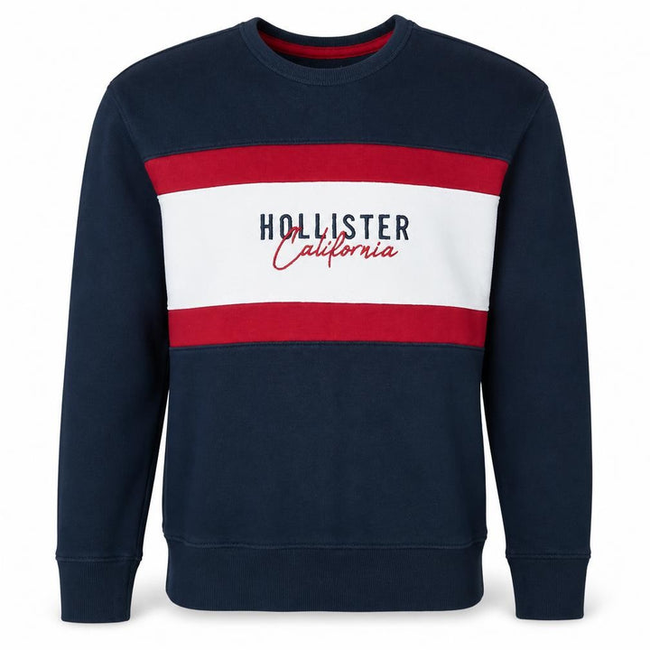 Hollister Men Navy Red Crew Neck Pullover Sweatshirt Size S