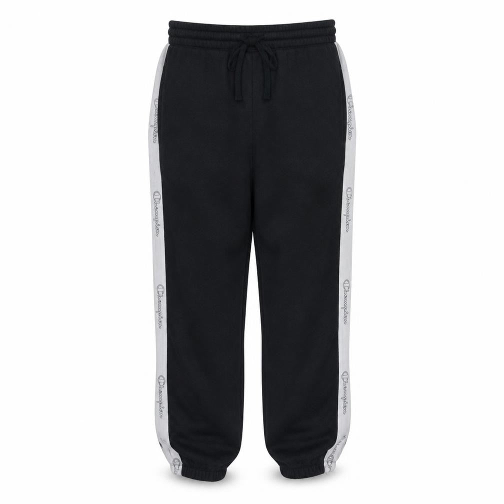 Front view of Champion men’s black small logo tape fleece sweatpants