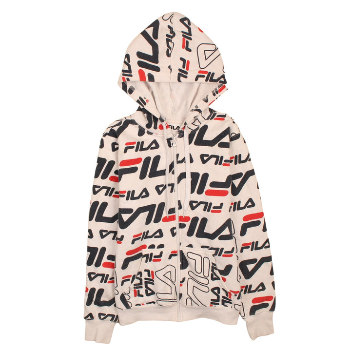 Fila Women’s Beige Full Zip Hoodie UK 12 Logo Print Vintage Style