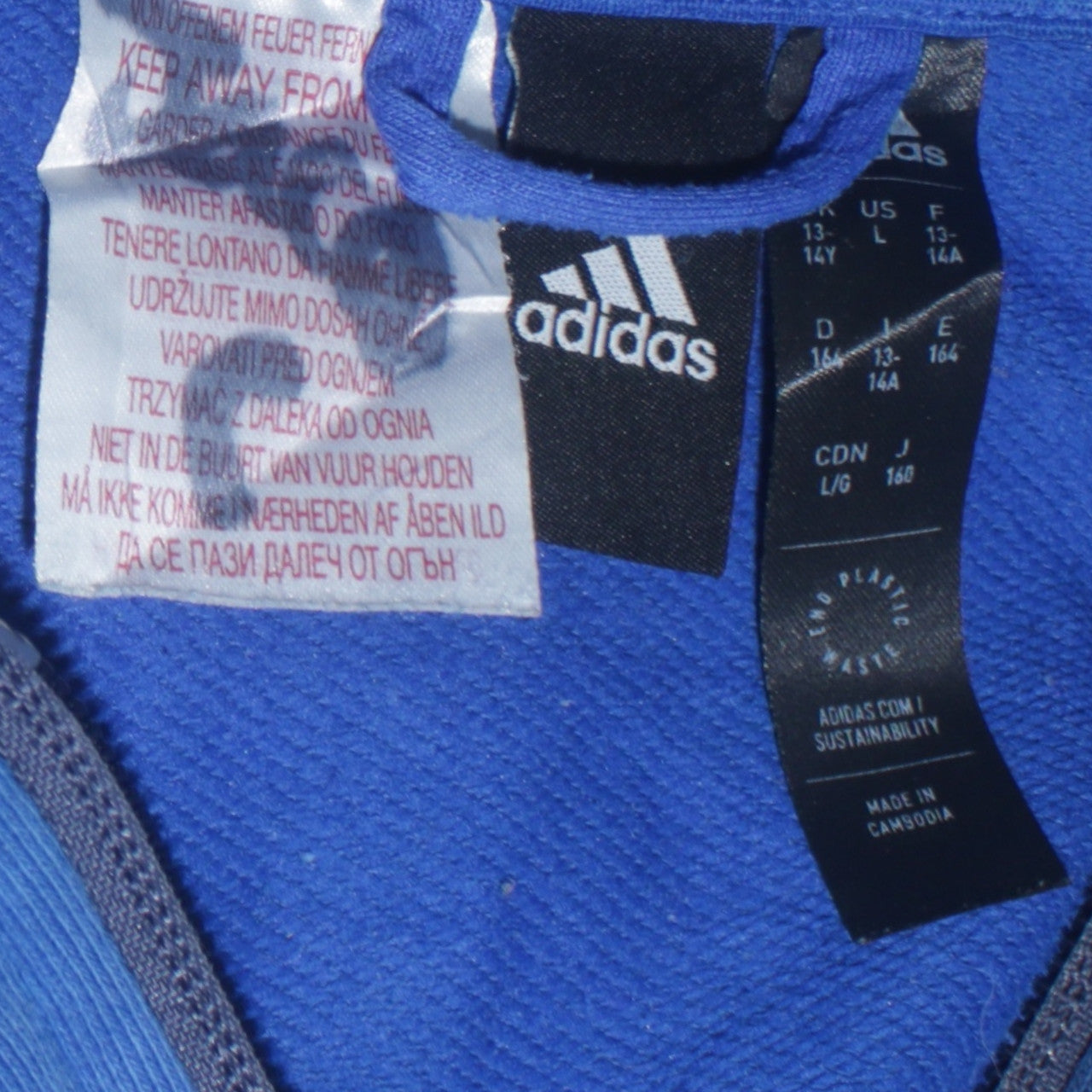Adidas Boys Blue Full Zip Hoodie 14 Years Cotton Blend Sportswear