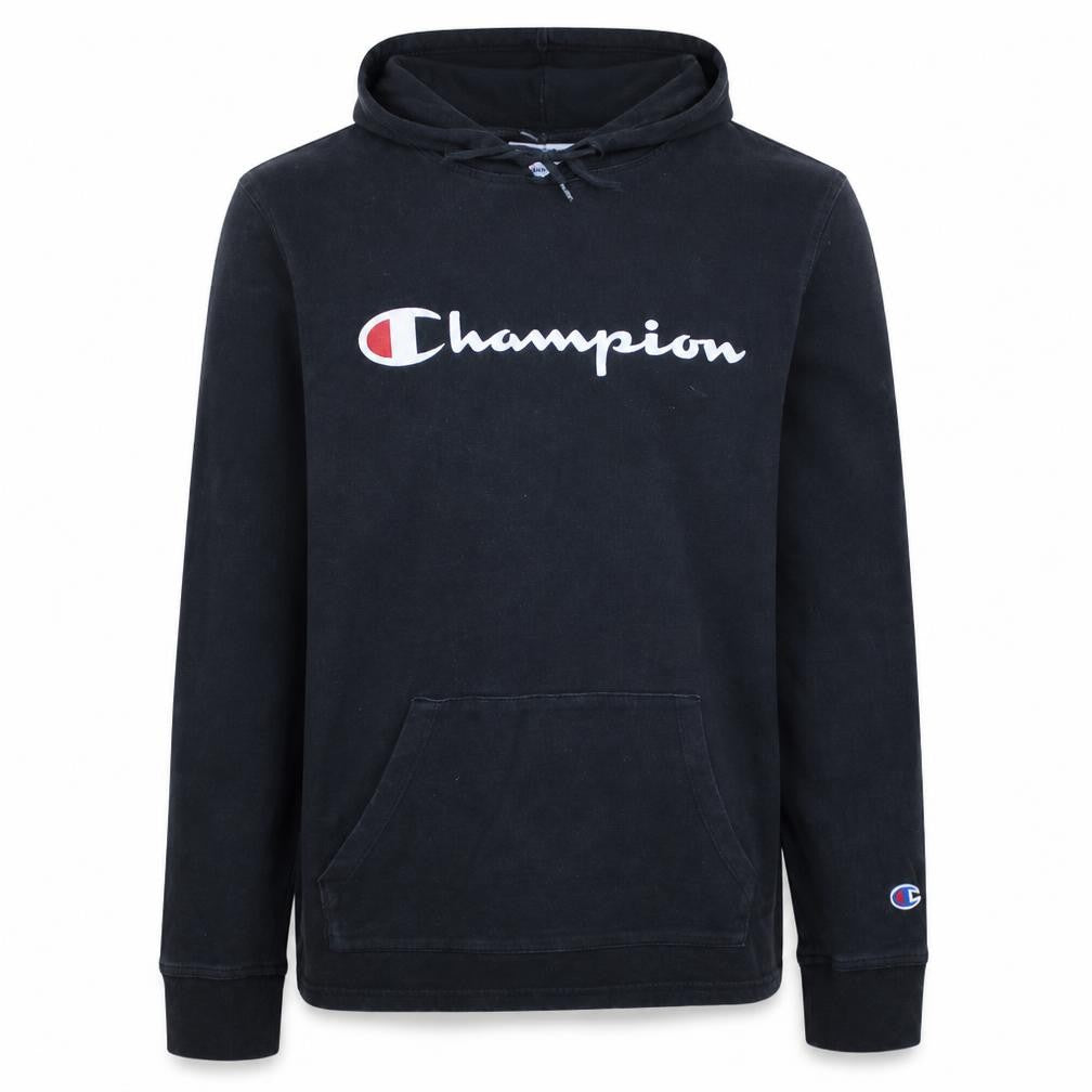 Front view of Champion men’s black pullover hoodie medium logo sportswear