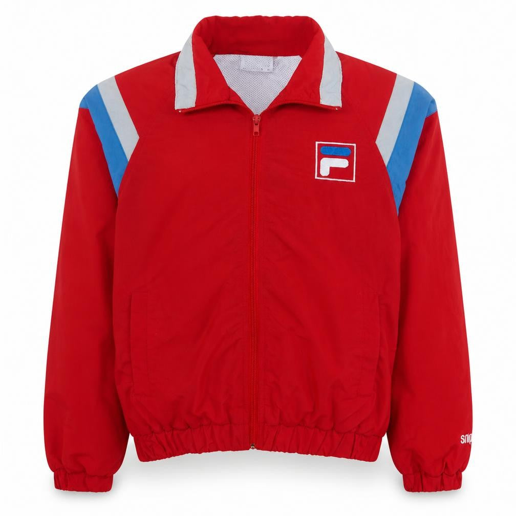 Front view of Fila men’s red bomber jacket, size S, retro sports full zip