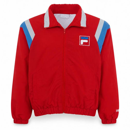 Front view of Fila men’s red bomber jacket, size S, retro sports full zip