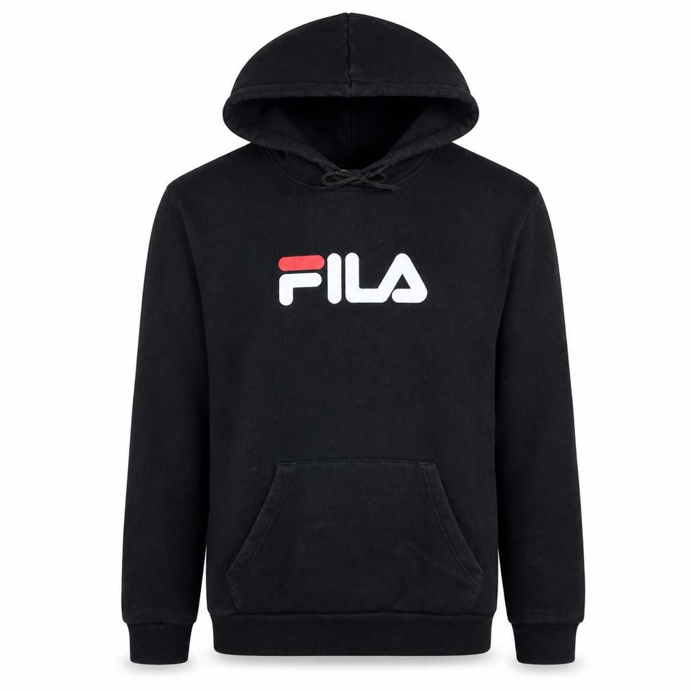 Front view of Fila men’s black pullover hoodie medium logo graphic sweatshirt