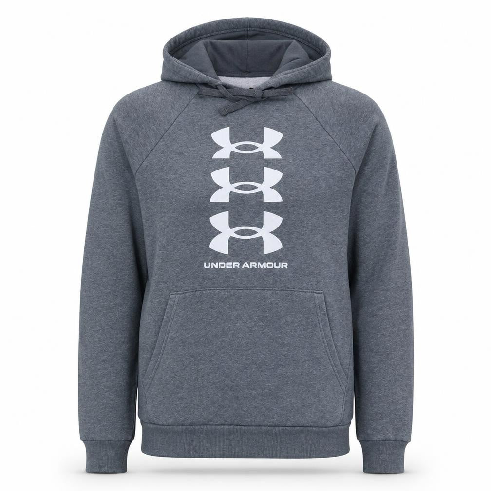 Front view of Under Armour Men’s Grey Pullover Hoodie Small Relaxed Fit Sportswear