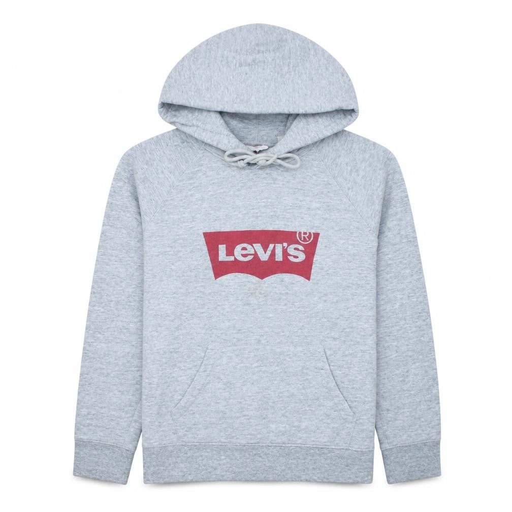 Front view of Levi's men’s grey pullover hoodie l logo graphic sweatshirt