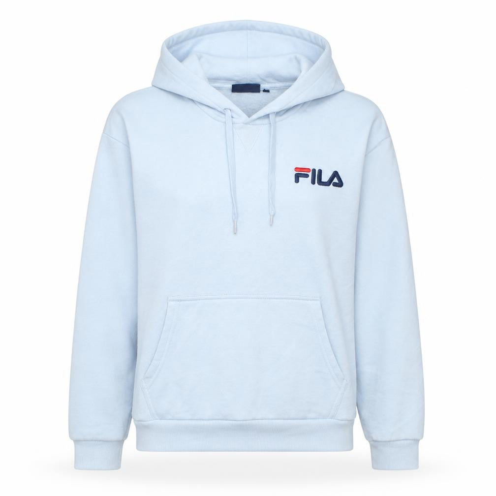 Front view of Fila women’s light blue pullover hoodie small polyester cotton blend