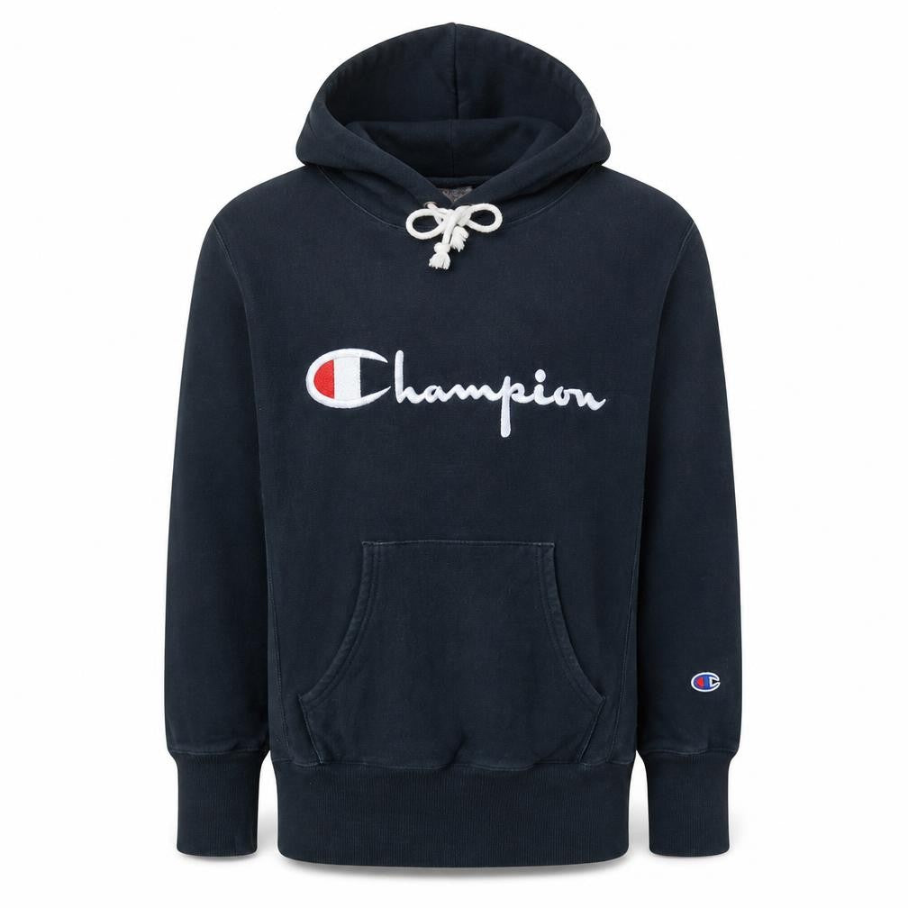 Front view of Champion Men's Blue Reverse Weave Pullover Hoodie Medium