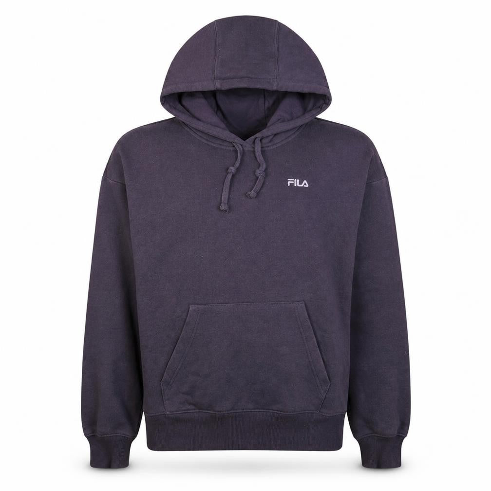 Front view of Fila Men's Blue Pullover Hoodie, size S, Logo Fleece Sweatshirt