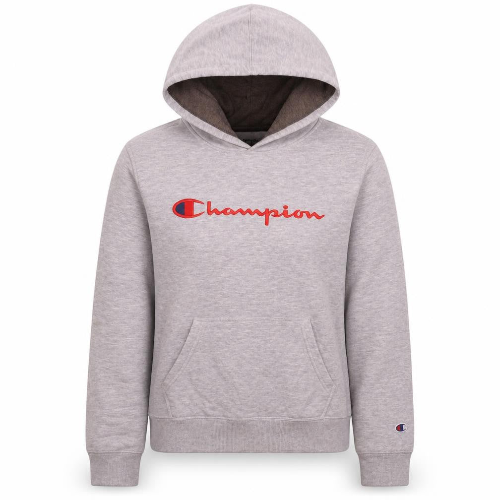 Front view of Champion women’s grey xl pullover hoodie with logo embroidery