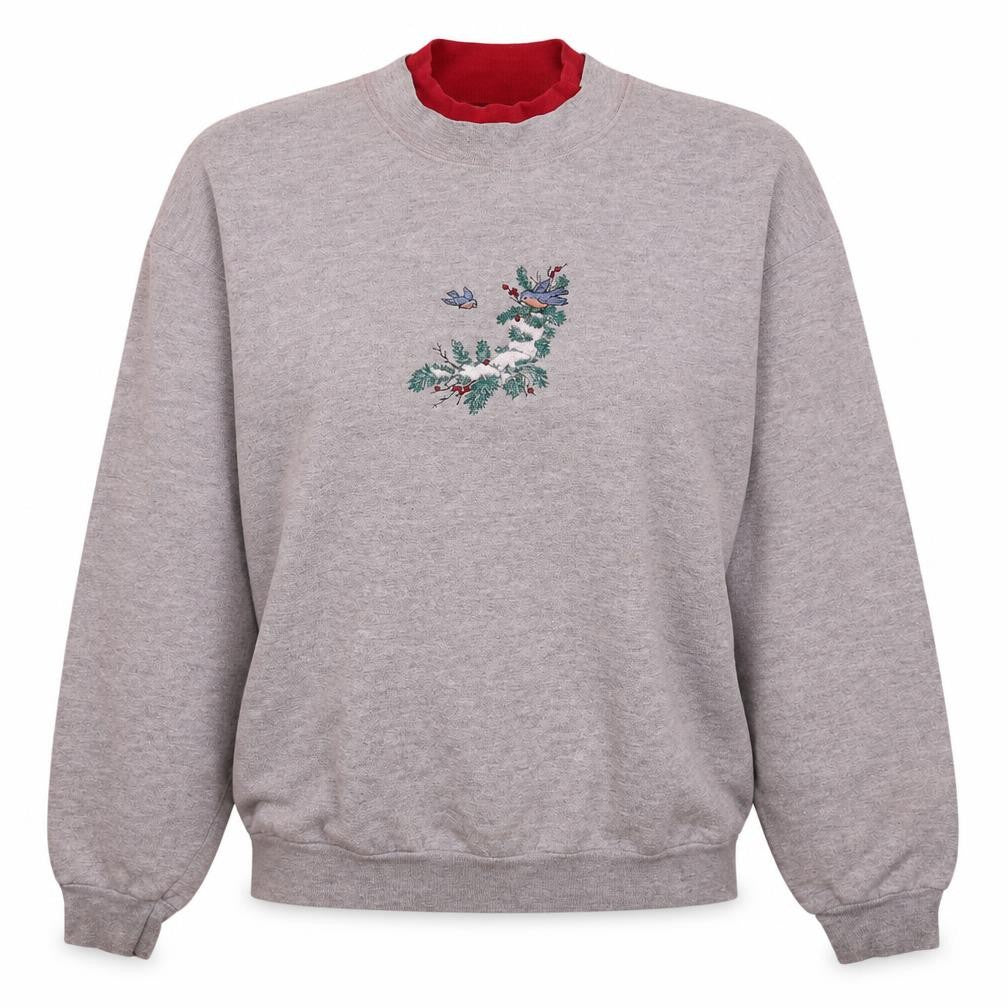 Front view of Lee women’s grey embroidered birds crew neck sweatshirt, size L