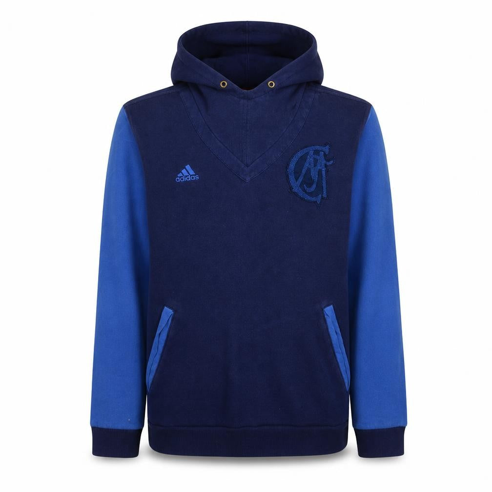Front view of Adidas Men's Blue Pullover Hoodie Medium Embroidered Logo