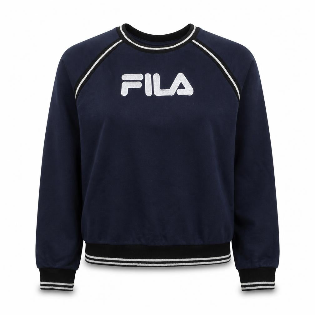 Front view of Fila women’s navy blue crew neck pullover sweatshirt, size M