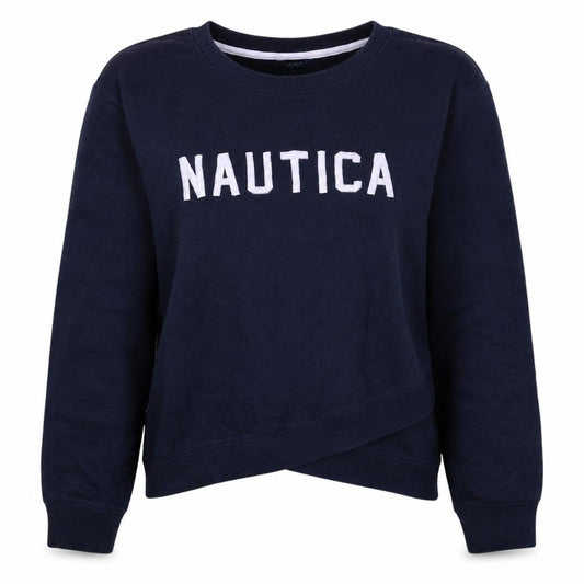 Front view of Nautica Women's Navy Blue Pullover Sweatshirt XL Crew Neck Logo