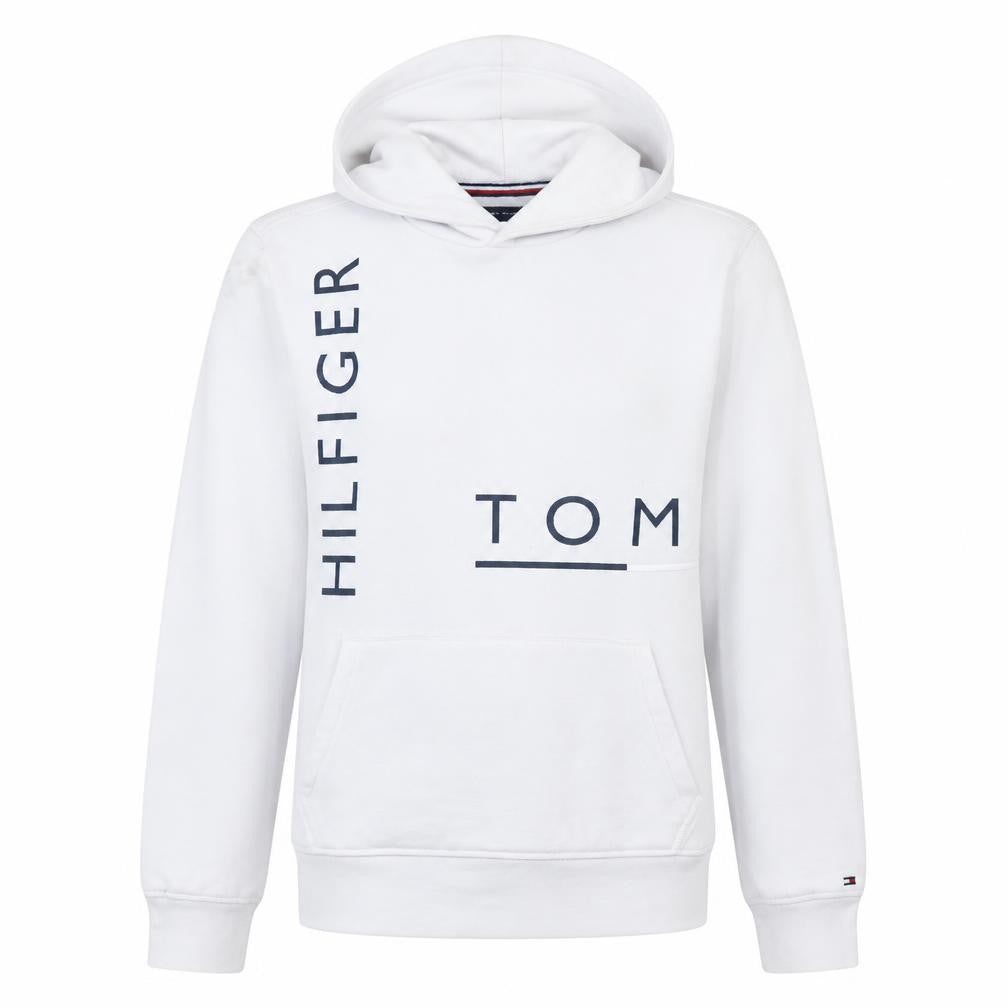 Front view of Tommy Hilfiger Men’s White Logo Pullover Hoodie XS