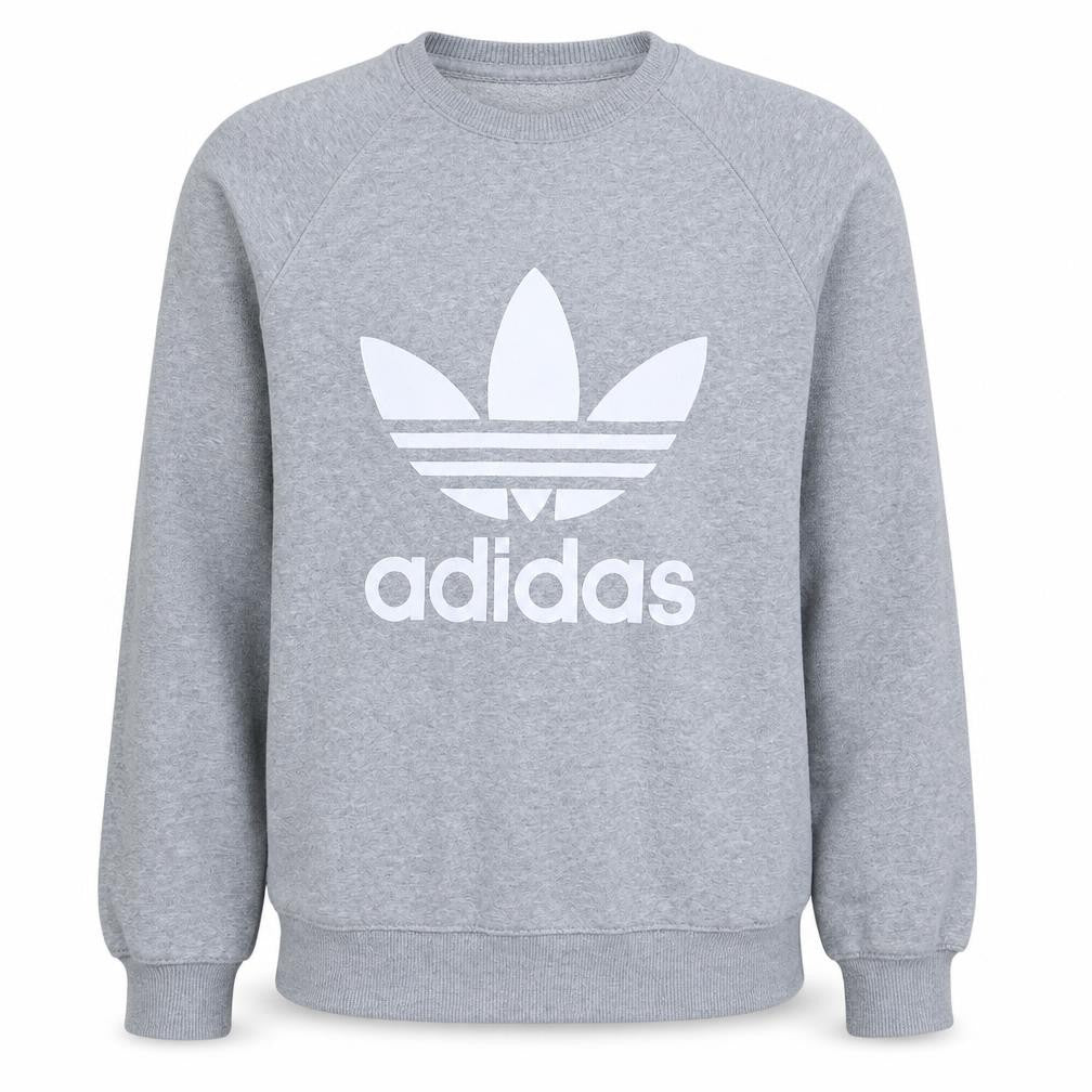 Front view of Adidas Men Grey Logo Crew Neck Pullover Sweatshirt, size S