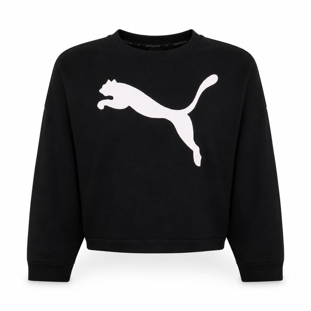 Front view of Puma women’s black crew neck pullover sweatshirt, size UK 14