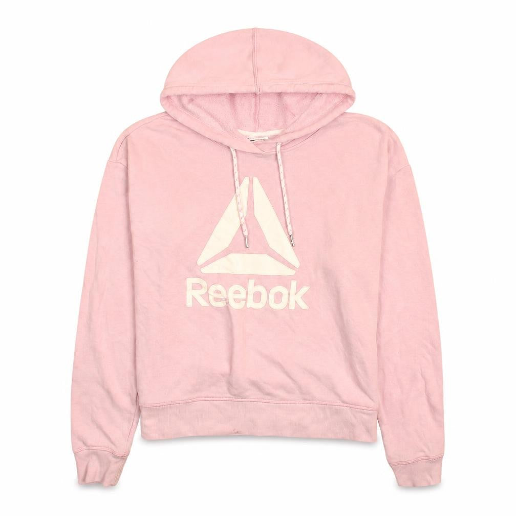 Front view of Reebok women’s pink pullover hoodie small logo sweatshirt