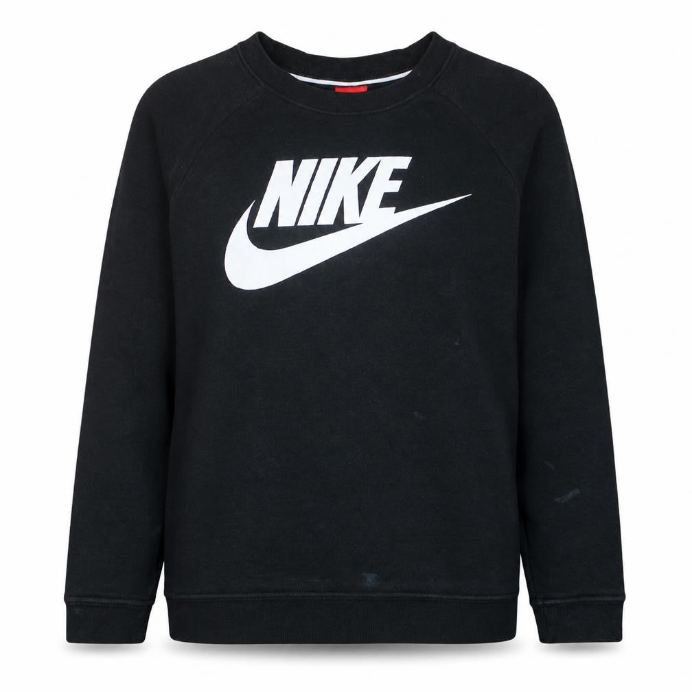 Front view of Nike women’s black l sweatshirt crew neck pullover logo cotton blend