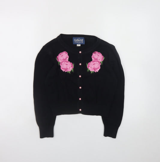 Collectif Women’s Black Floral Embroidered Cardigan Size 12 Vintage Style