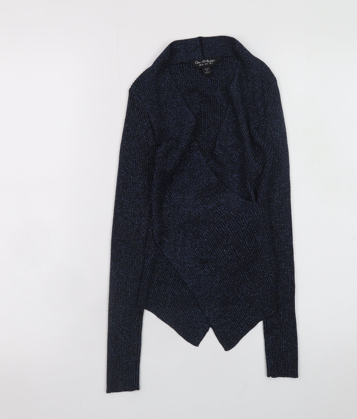 Miss Selfridge Women's Blue Metallic Long Sleeve Wrap Top Size 4