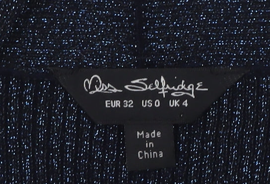 Miss Selfridge Women's Blue Metallic Long Sleeve Wrap Top Size 4