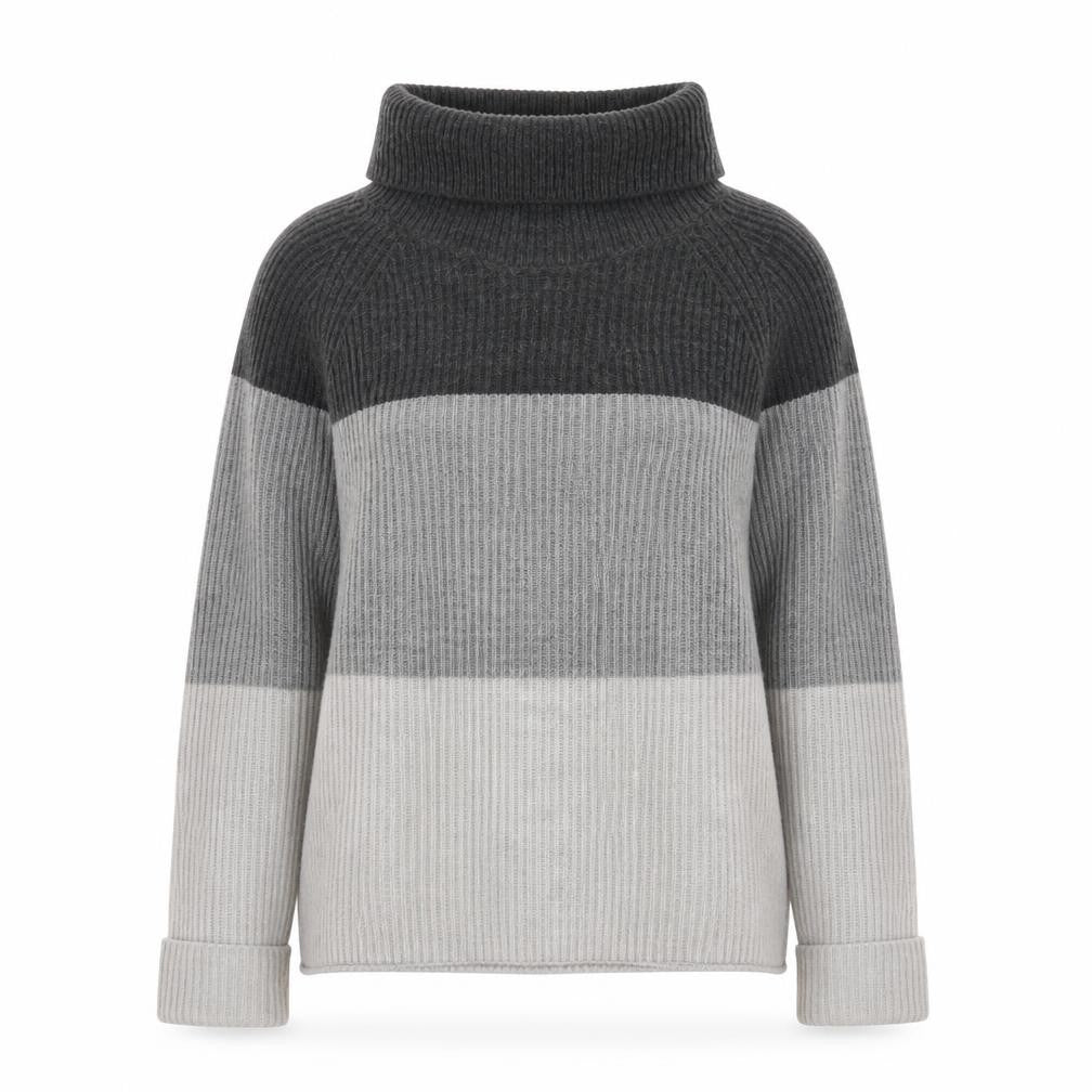Front view of Marks & Spencer women’s grey roll neck striped jumper, size UK 14