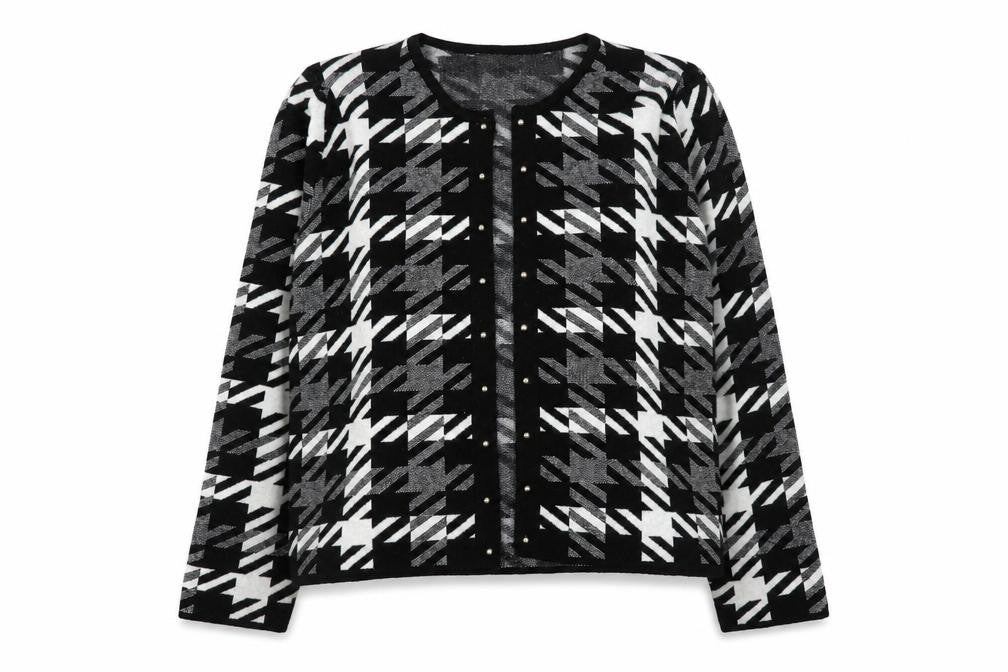 Front view of Anna Rose Women's Black White Houndstooth Knit Jacket XL