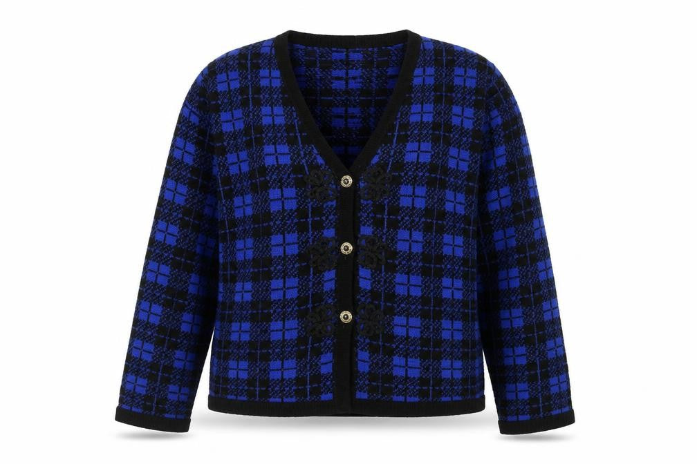 Front view of Susan Bristol Women's Blue Check Wool Blend Button Jacket, size L
