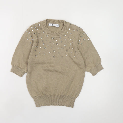 Zara Womens Beige Embellished Knit Jumper Size S Short Sleeve