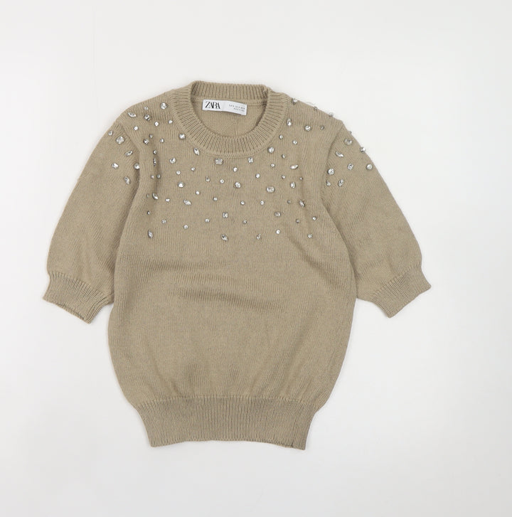 Zara Womens Beige Embellished Knit Jumper Size S Short Sleeve