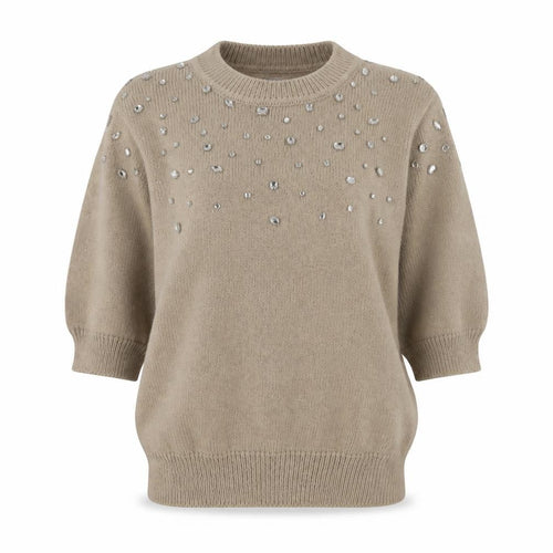 Zara Womens Beige Embellished Knit Jumper Size S Short Sleeve