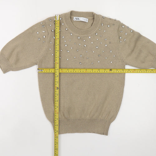 Zara Womens Beige Embellished Knit Jumper Size S Short Sleeve