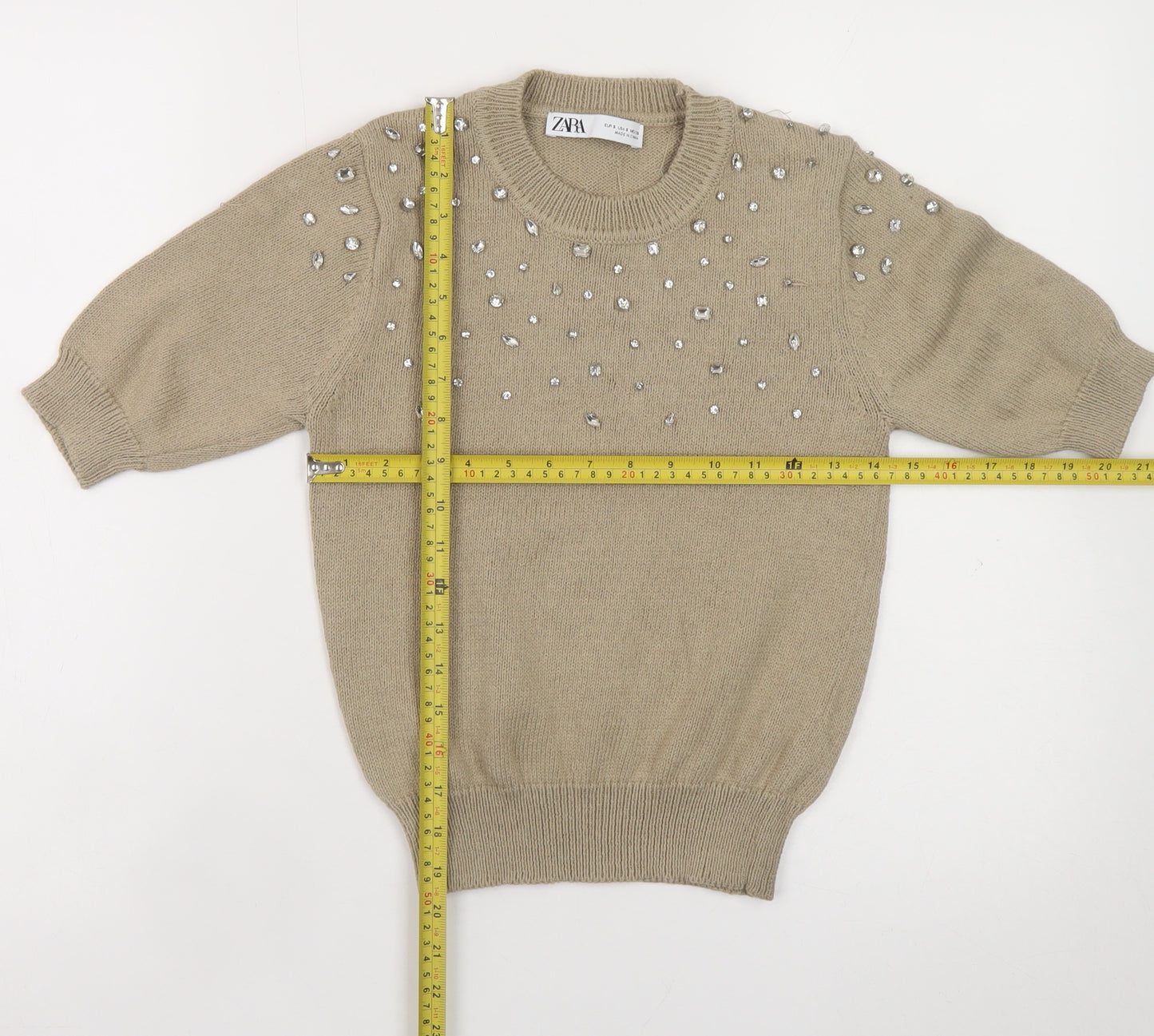 Zara Womens Beige Embellished Knit Jumper Size S Short Sleeve
