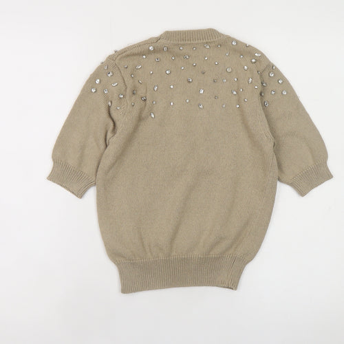 Zara Womens Beige Embellished Knit Jumper Size S Short Sleeve