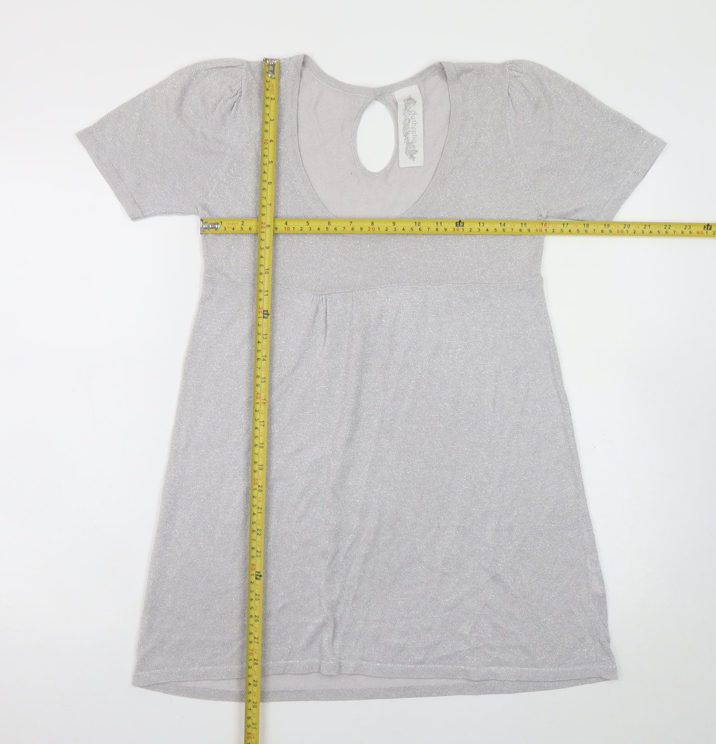 Evie Women’s Silver A-Line Party Dress Size 14 Short Sleeve Scoop Neck