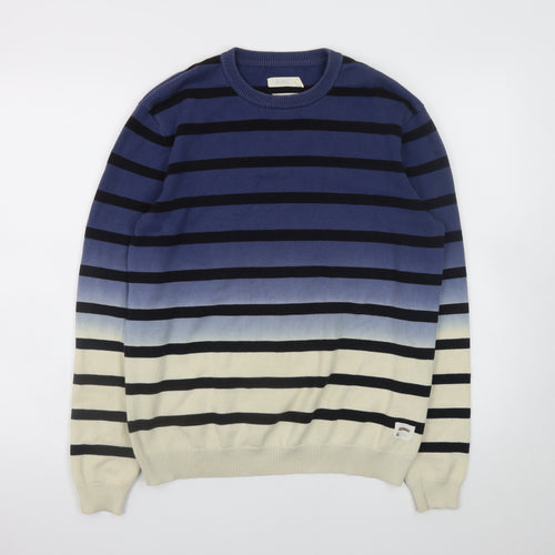 Foxton Men's Blue Striped Cotton Crew Neck Jumper Size S