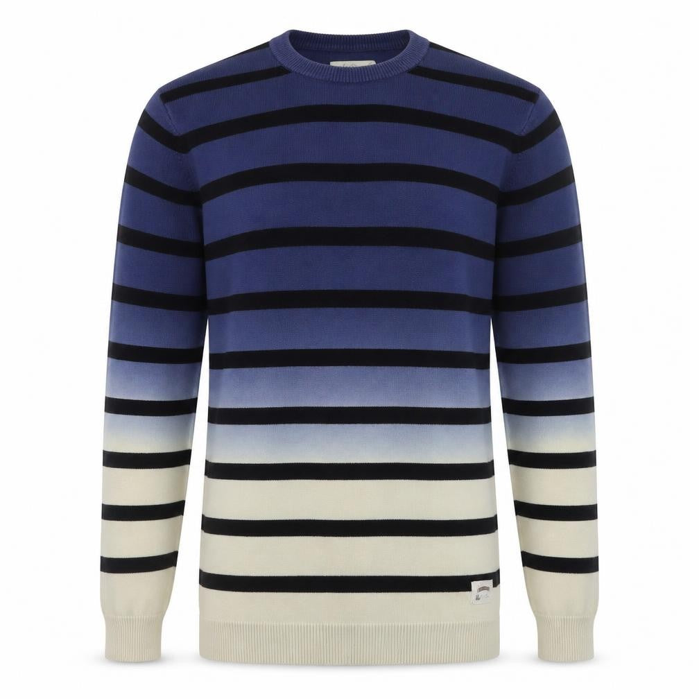 Front view of Foxton Men's Blue Striped Cotton Crew Neck Jumper, size S