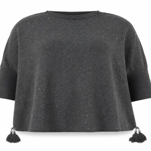 Roman Women Grey Beaded Tassel Knit Cape Jumper One Size