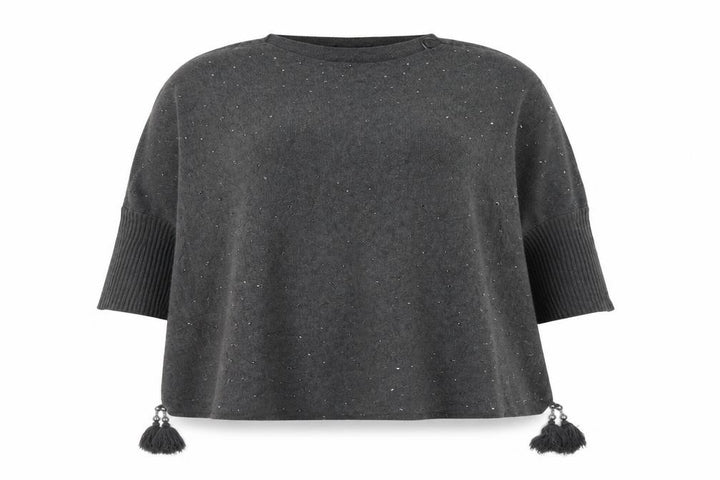 Roman Women Grey Beaded Tassel Knit Cape Jumper One Size