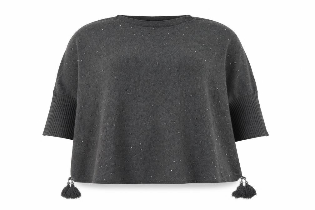 Roman Women Grey Beaded Tassel Knit Cape Jumper One Size